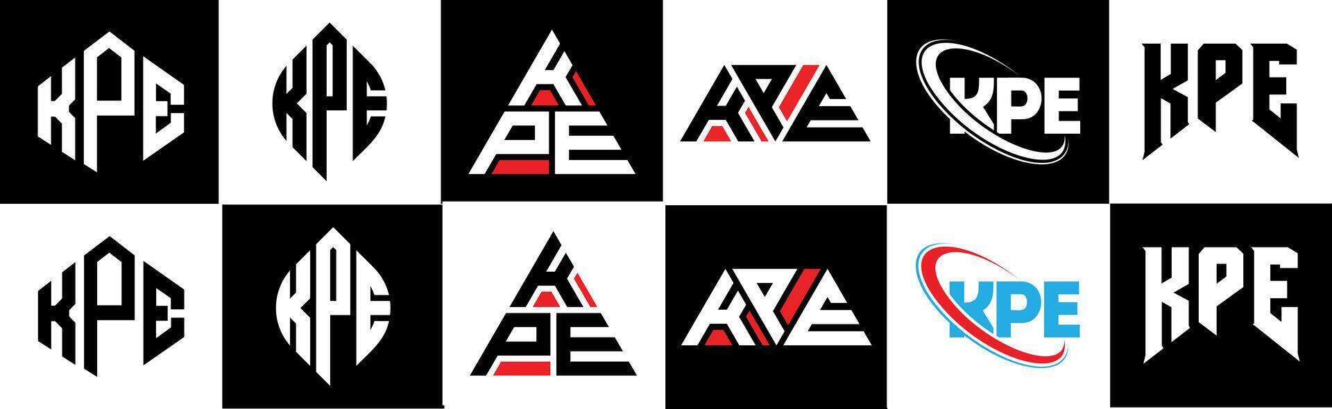 KPE letter logo design in six style. KPE polygon, circle, triangle, hexagon, flat and simple style with black and white color variation letter logo set in one artboard. KPE minimalist and classic logo vector