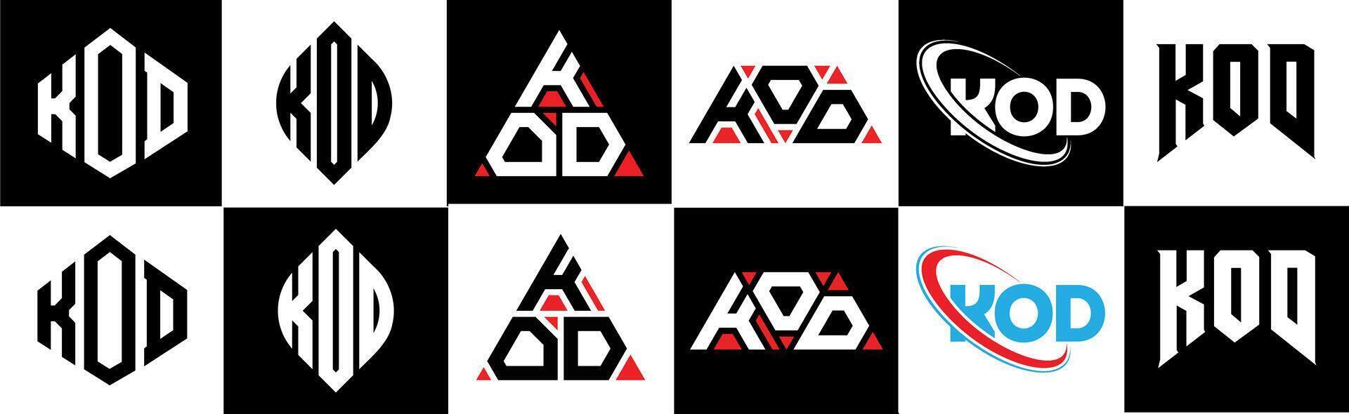 KOD letter logo design in six style. KOD polygon, circle, triangle, hexagon, flat and simple style with black and white color variation letter logo set in one artboard. KOD minimalist and classic logo vector