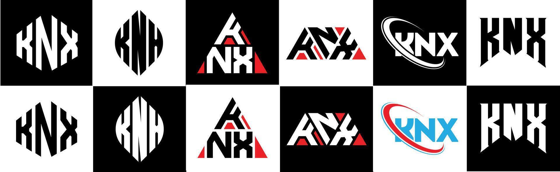 KNX letter logo design in six style. KNX polygon, circle, triangle, hexagon, flat and simple style with black and white color variation letter logo set in one artboard. KNX minimalist and classic logo vector