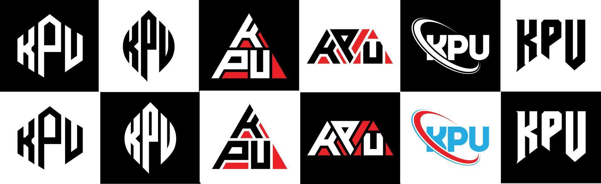 KPU letter logo design in six style. KPU polygon, circle, triangle, hexagon, flat and simple style with black and white color variation letter logo set in one artboard. KPU minimalist and classic logo vector