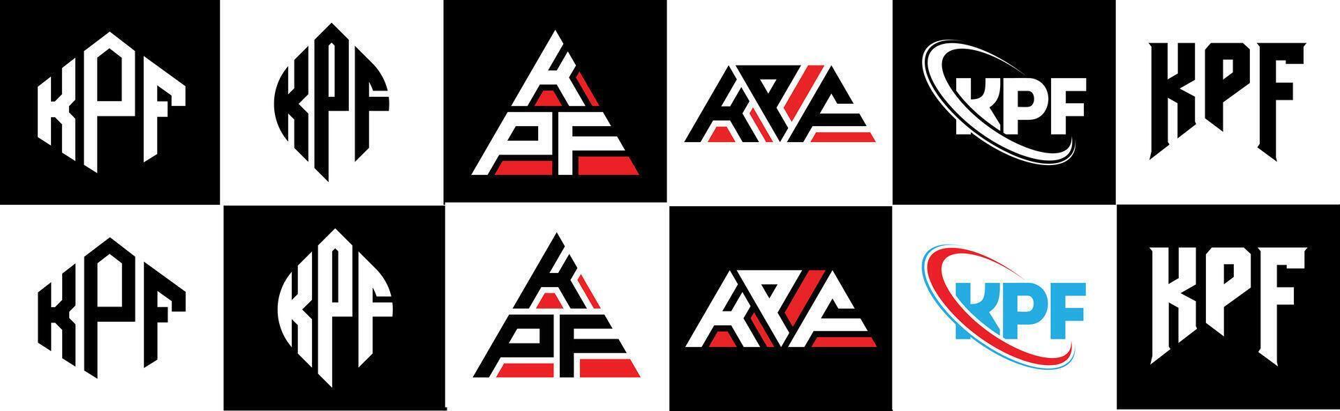 KPF letter logo design in six style. KPF polygon, circle, triangle, hexagon, flat and simple style with black and white color variation letter logo set in one artboard. KPF minimalist and classic logo vector