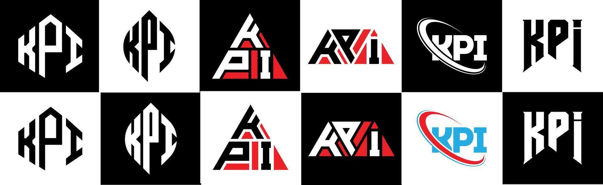 KPI letter logo design in six style. KPI polygon, circle, triangle, hexagon, flat and simple style with black and white color variation letter logo set in one artboard. KPI minimalist and classic logo vector