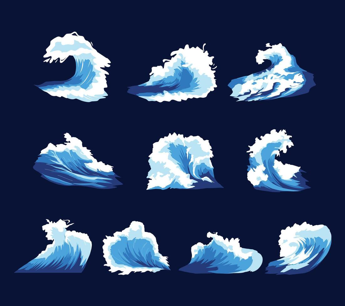 A realistic sea wave illustrations in various forms, for enhancing marine-themed design and creative projects vector