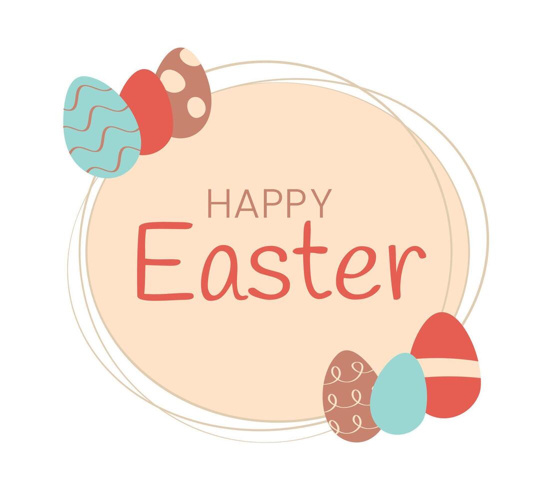 Eggs, happy Easter in round outline Frame. Fun Painted patterned Doodle holiday elements. Greeting Card text, kids poster Egg hunt. Isolated decor. Spring event. Bright colors. illustration vector