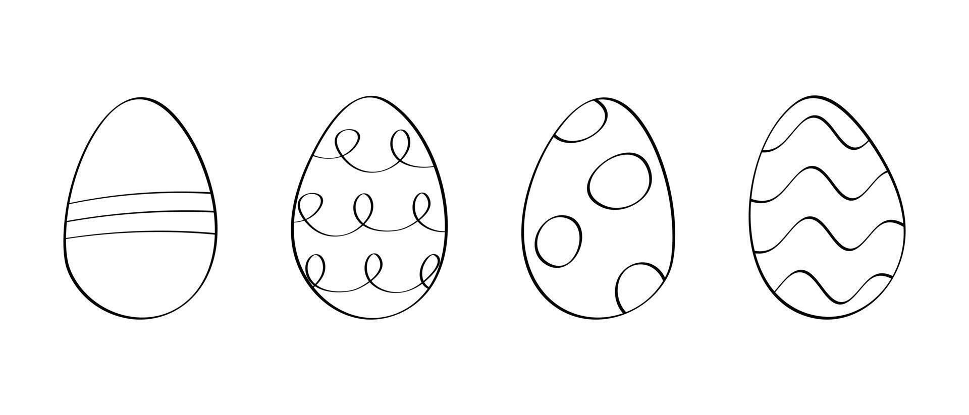 Set outline patterned Eggs. Coloring happy Easter. Hand drawn pencil contour on white background. Collection Doodle holiday elements. Circled, striped, curled. Isolated. Spring. illustration vector
