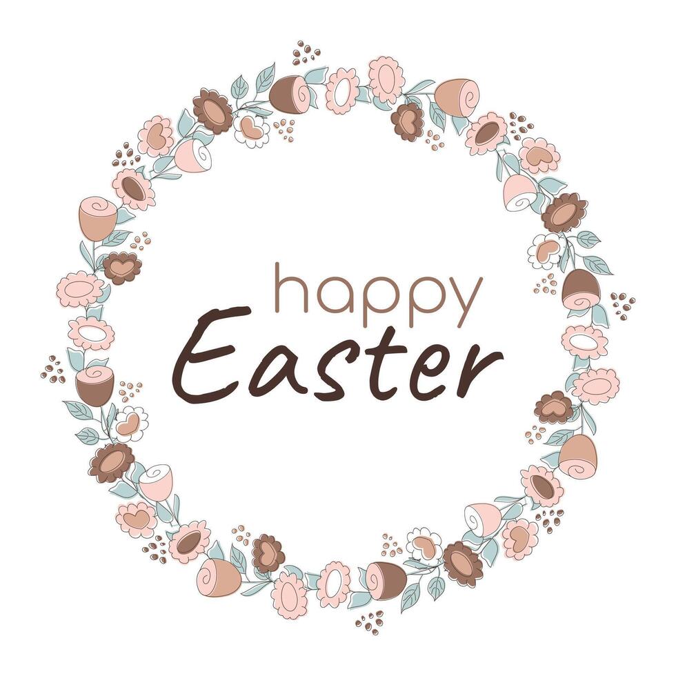 Happy Easter floral Wreath, brown flowers. Mocha Mousse color. Doodle botanical Frame. Greeting card with holiday Text. Pastel soft bouquet with buds. Isolated decor. Spring event. illustration vector
