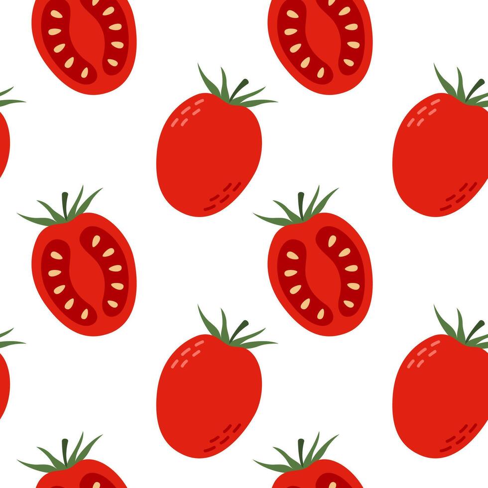 Tomato seamless pattern. Whole and halves red vegetables on white background. illustration. Hand drawn design for fabric print, wallpaper, paper, interior decor and more. vector