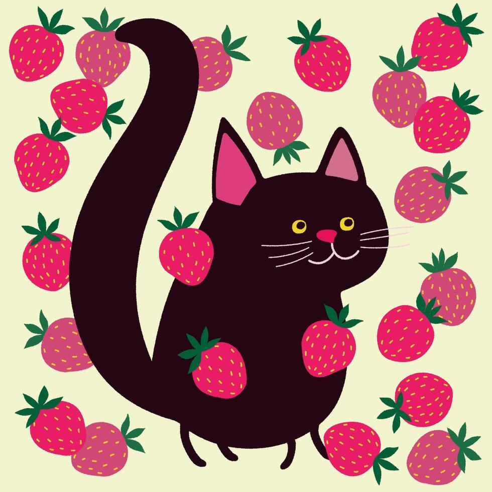 A cute and funny kitten with black fur and strawberries vector