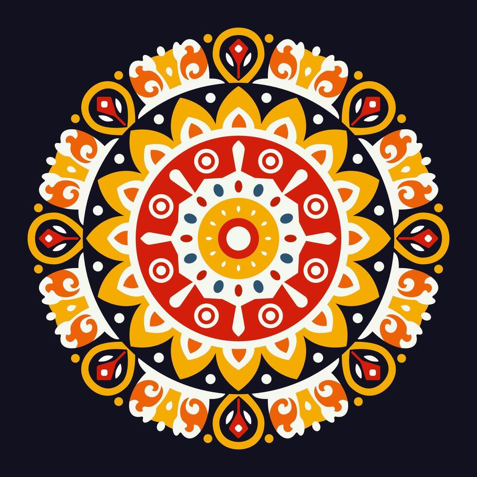 Traditional Folk Art Pattern with Decorative Ornamental Sun. A vibrant illustration featuring a symmetrical folk art design for Maslenitsa. Inspired by Slavic and Scandinavian traditional motifs vector