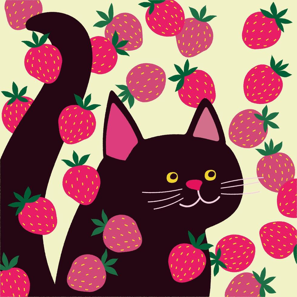 A cute and funny black cat and strawberries vector