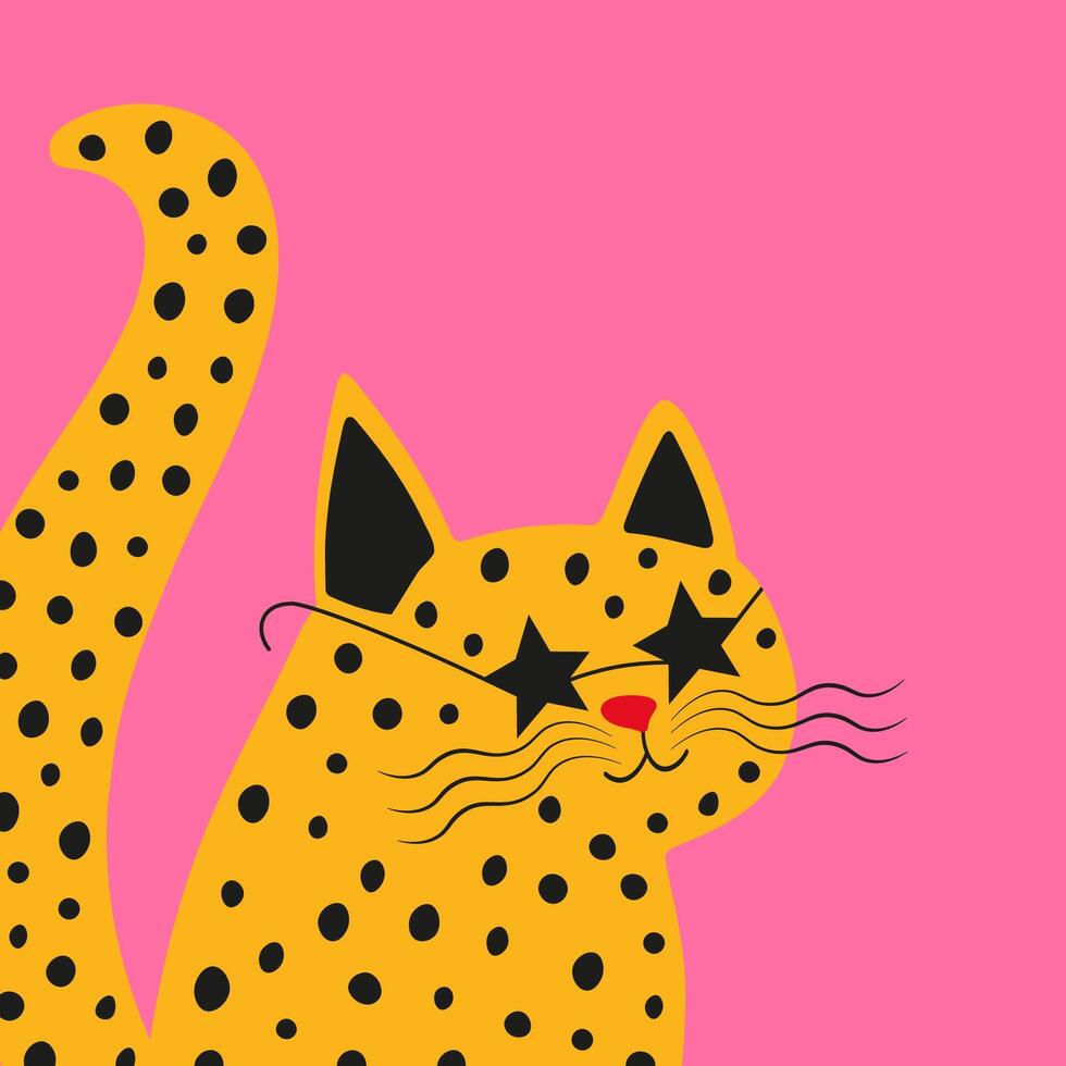 A cool and funny cat with leopard fur wearing star-shaped sunglasses. Cute cat on pink background illustration vector