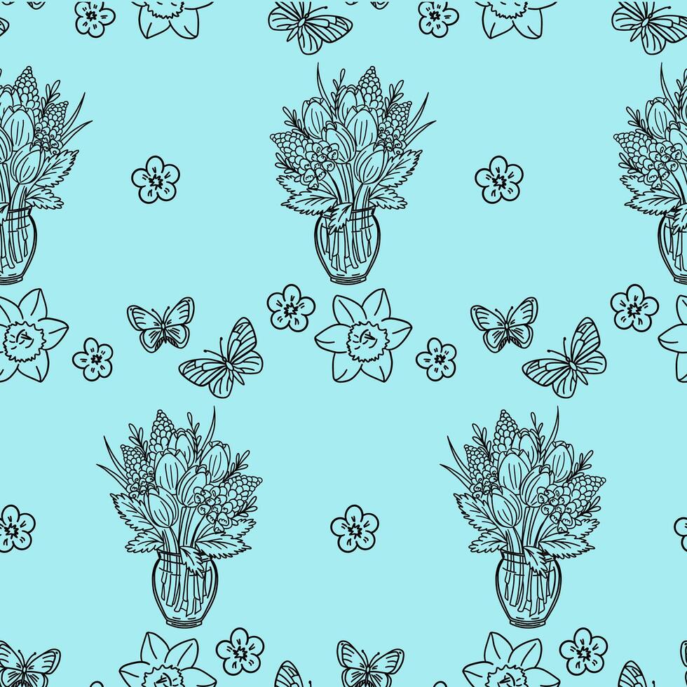 Seamless pattern with spring and summer flower bouquets in vases. Red and white tulips, purple hyacinths with greenery. Doodle style illustration. Black on blue background. floral design. vector