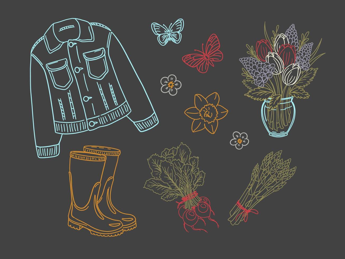 A set of outline icons related to gardening. Denim jacket, rubber boots, bouquet in vase, tulips, daffodils, hyacinths, organic farm vegetables such as asparagus, radishes, turnips. Doodle style lines vector