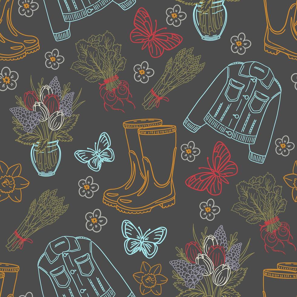 Seamless gardening template with bouquet and flowers, rubber boots and jacket, tulips and crocuses. Seamless gardening tools template on light colored background. Doodle pattern. vector