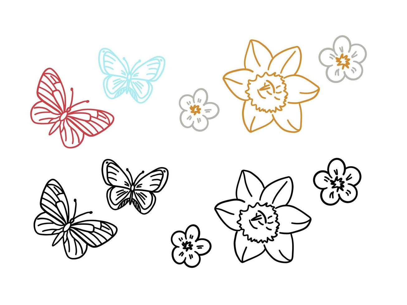 A set of outline icons related to gardening. Flowers, daffodil and marguerites. Winged insects, butterflies. Thin lines in doodle style on white background. vector