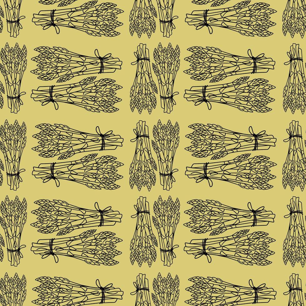 Pattern, Seamless background illustration of organic farm fresh vegetables, asparagus. Contour thin line in doodle style. Black line, green background vector