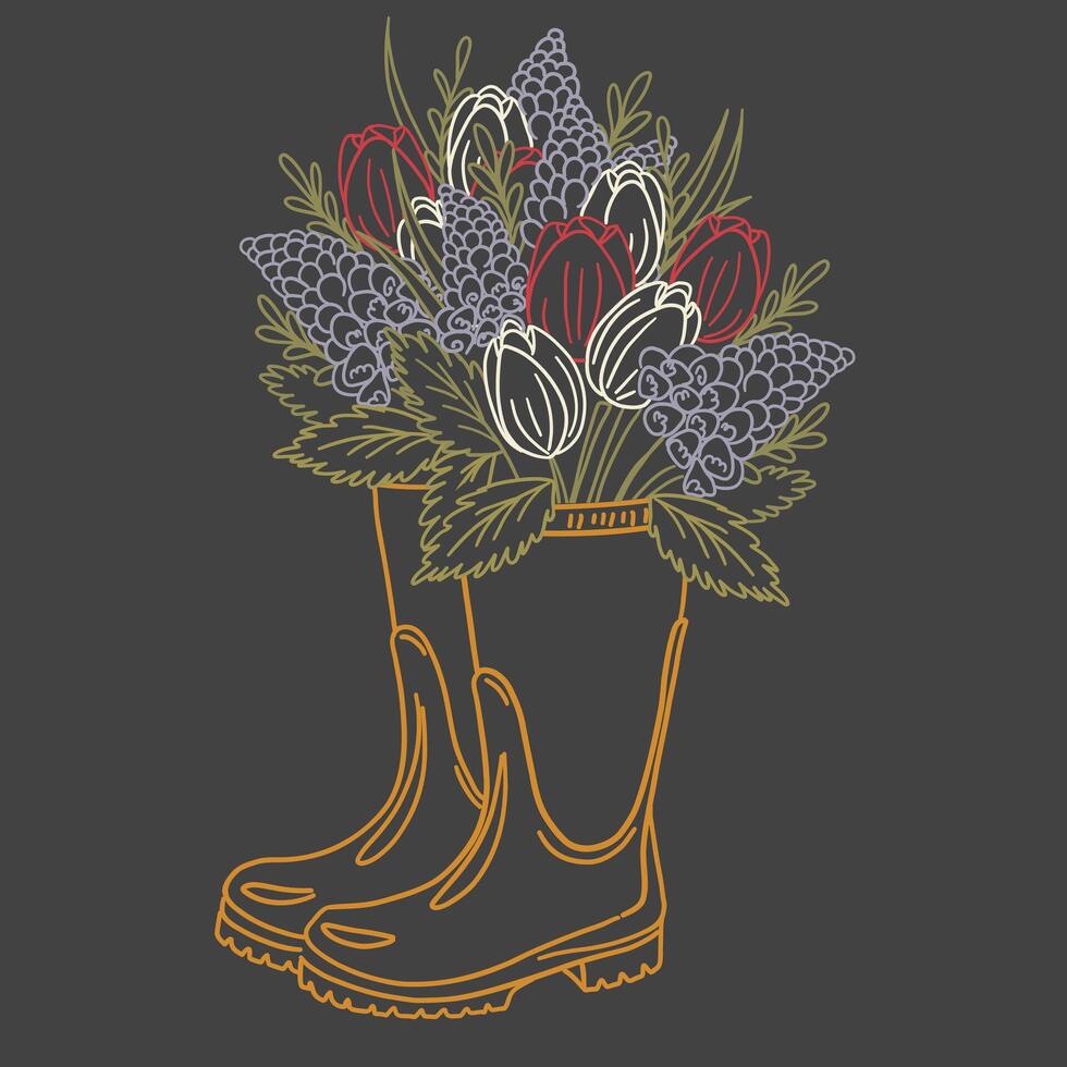 Rubber boots with bouquet of spring flowers, tulips, narcissus, hand drawn outline line coloring. Tsyet doodle illustration on dark graphite background. Yellow, purple, red, green. vector
