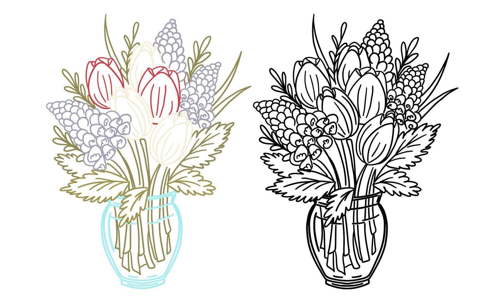 Set of bouquets of various spring and summer flowers in vase. Isolated illustration on white background. Bouquet of red and white tulips, purple hyacinths with greenery. Doodle illustration vector