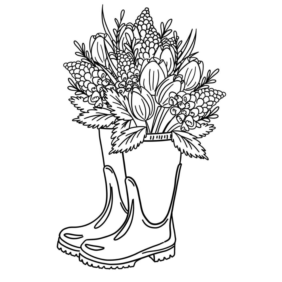 Rubber boots with a bouquet of spring flowers, tulips, narcissus, contour drawing by hand line coloring. Black doodle illustration on white background. vector
