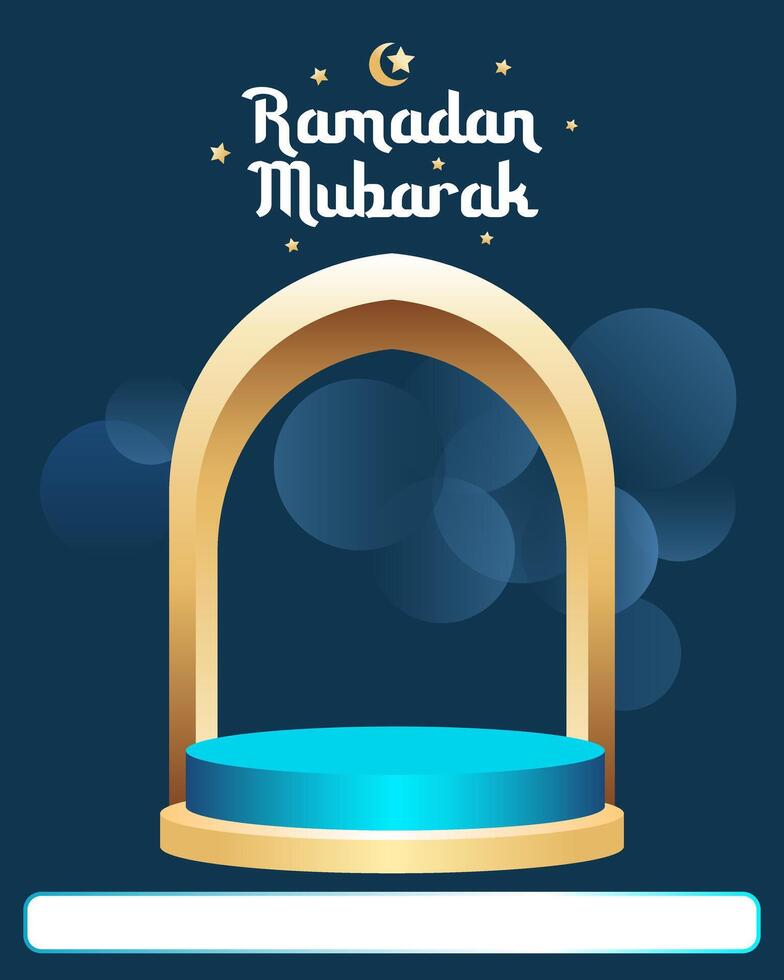 Elegant Ramadan Mubarak greeting with podium and golden arch on blue bokeh background vector
