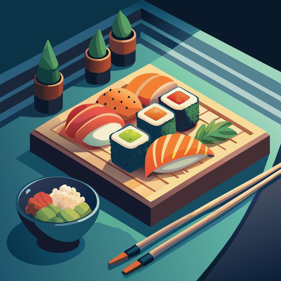 Japanese Sushi On Blue Table vector