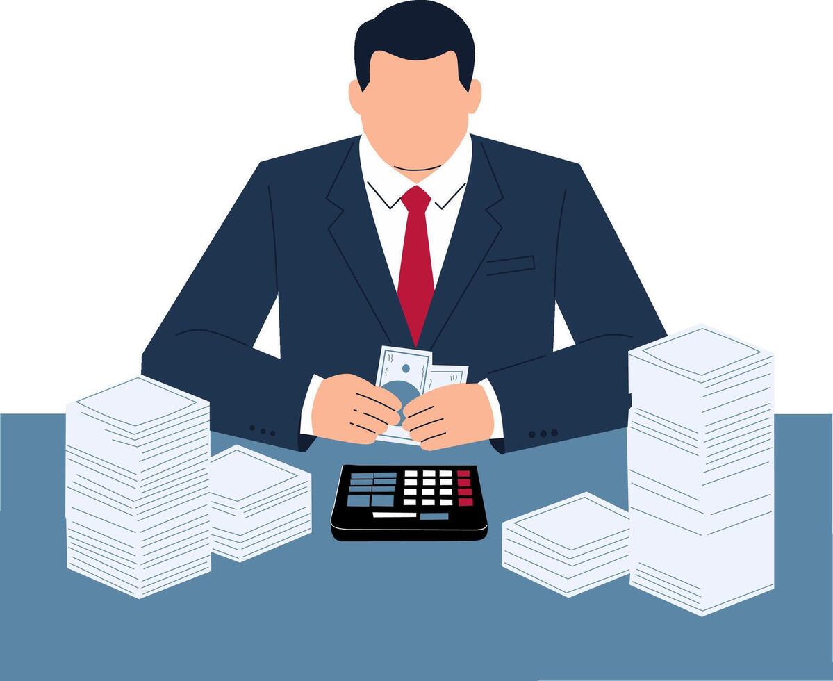 A man in a suit is sitting at a desk with stacks of papers vector