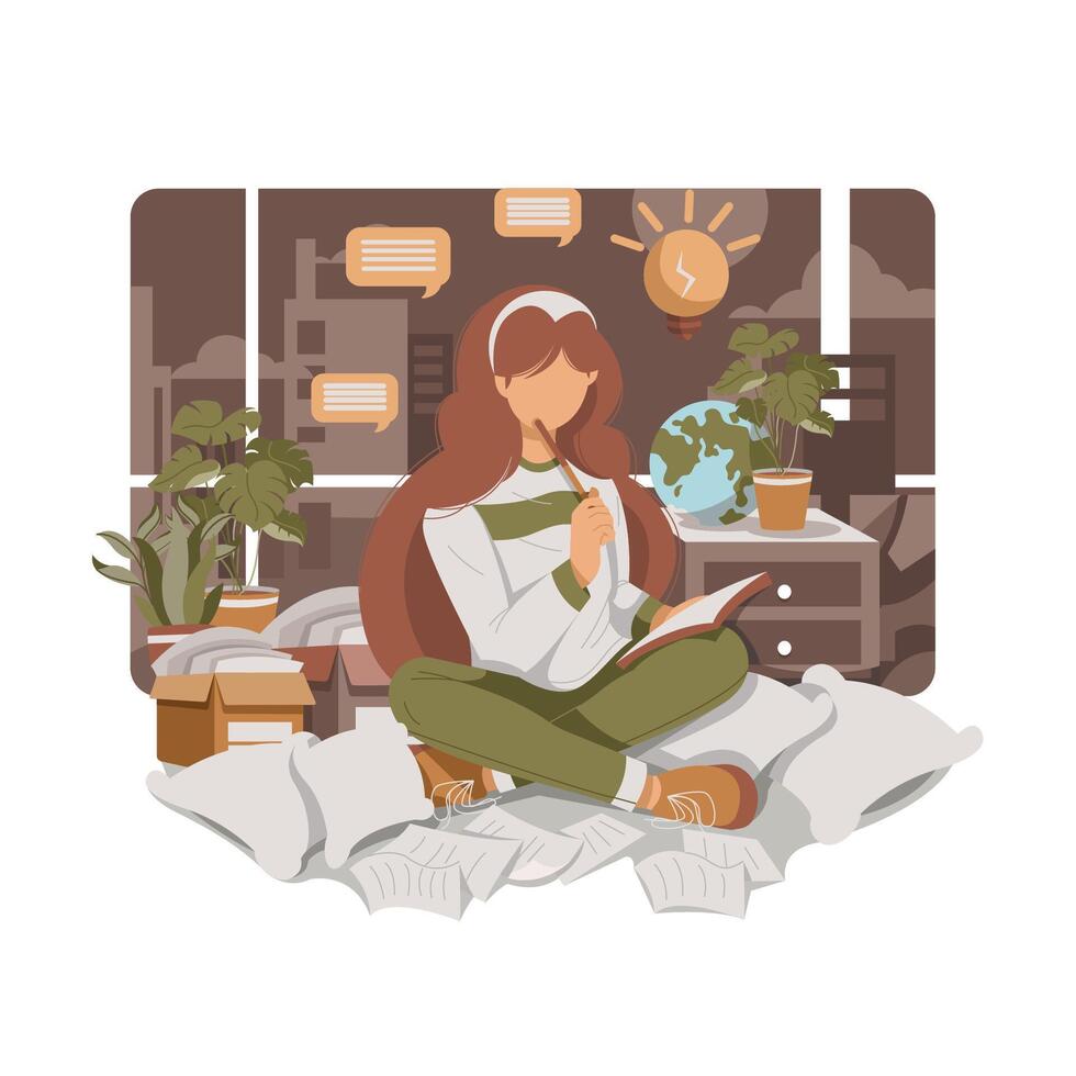 Cute Girl Search Idea For Her Business Success Flat Design Illustration vector
