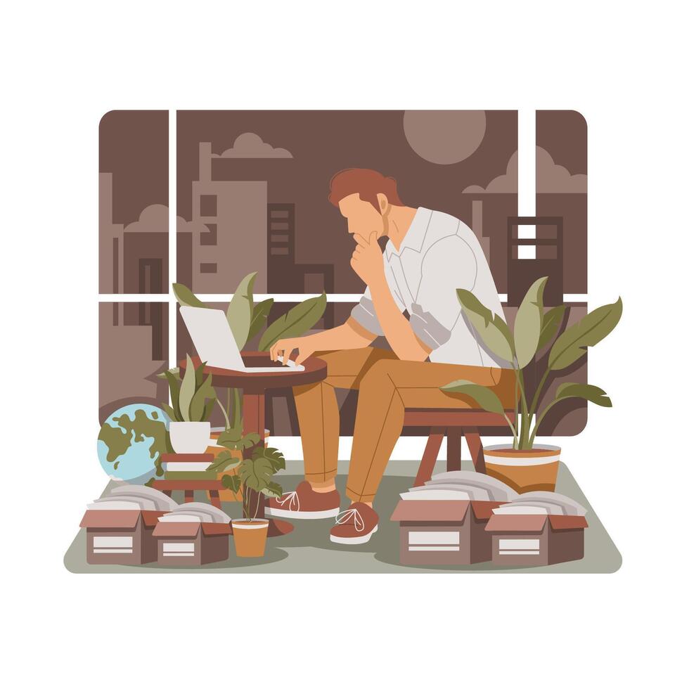 Portrait of Man Working for Home, Searching Idea Business Isolated Flat Design Illustration vector