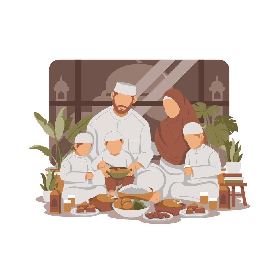 Portrait Of Muslim Family Enjoying Iftar Flat Design Illustration vector