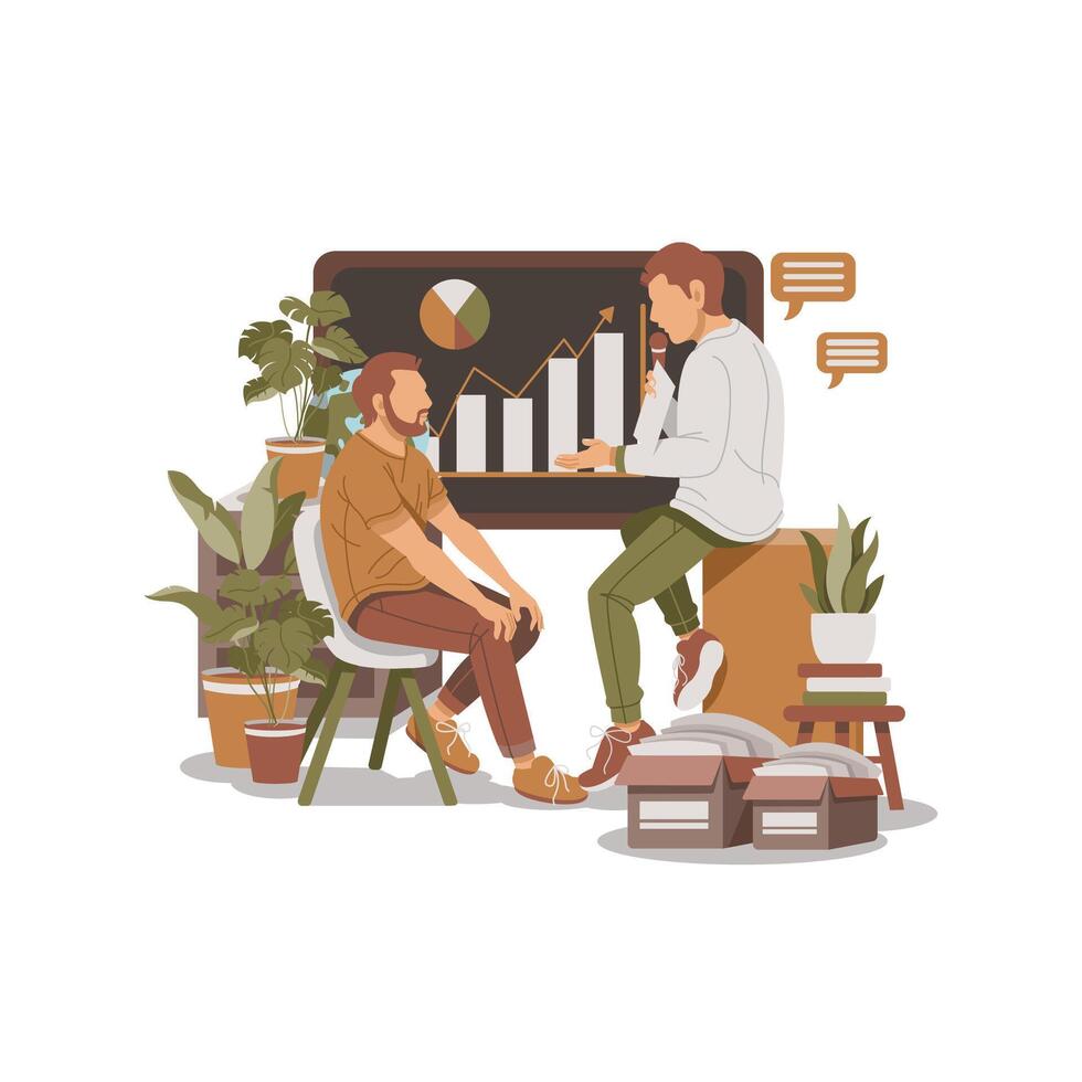 portrait of two men discussing, meeting, presenting for business success flat design Illustration vector
