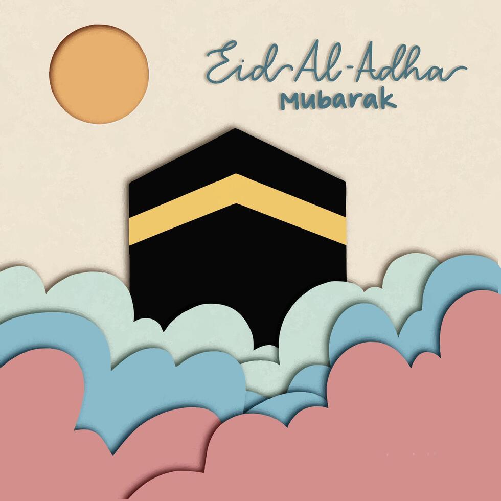 Eid Al Adha Mubarak lettering with kabah, cloud, and sun background with paper cut style. Design for greeting card, poster, and prints. vector