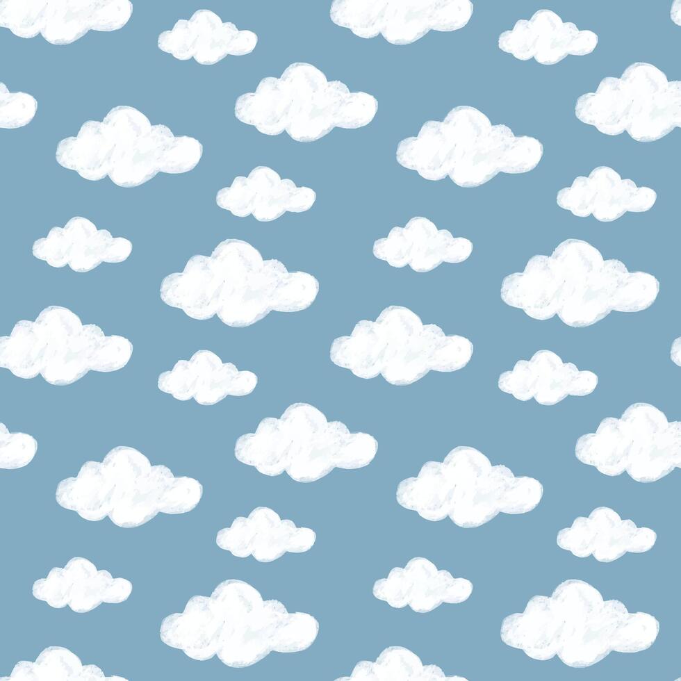 hand drawn textured cloud seamless pattern white on blue background vector