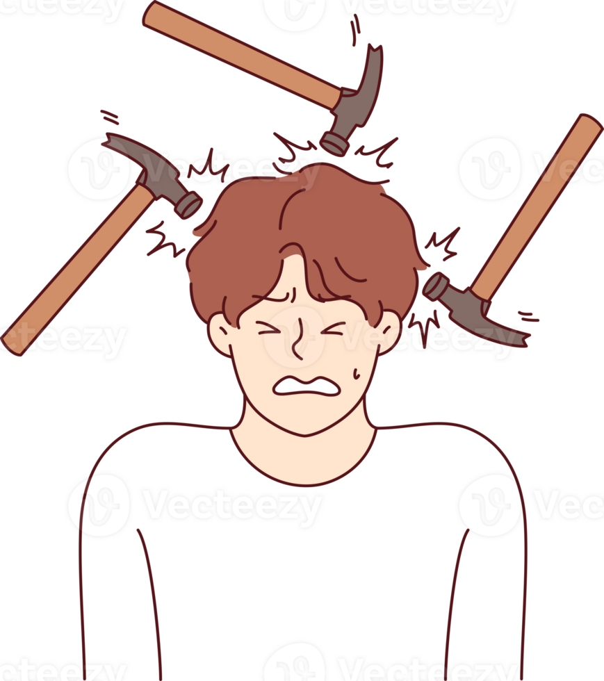 Headache and migraine torment man making painful grimace, standing among hammers. Problem of headaches caused by stress and noisy neighbors necessitates taking antibiotics and painkillers png