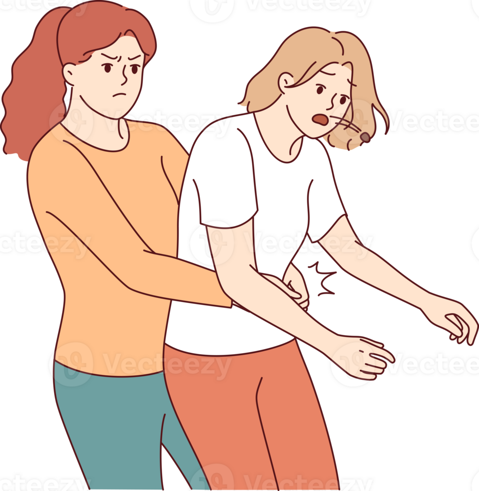 Heimlich technique is demonstrated by woman saving friend who was choking and pressing on stomach to restore breathing. Girl provides first aid and uses heimlich technique to avoid harm to health. png