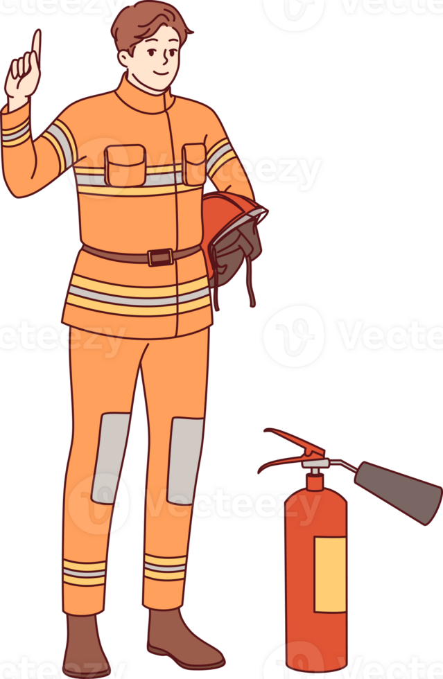 Man firefighter stands near fire extinguisher and copy of space for safety advice. Young guy firefighter from 911 service recommends being careful with electrical equipment and flammable materials png