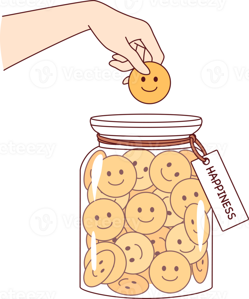 Hand of human collecting happiness, putting positive emojis into jar, for concept of preserving fun moments in life. Person who collects happiness to maintain mental health and avoid depression png