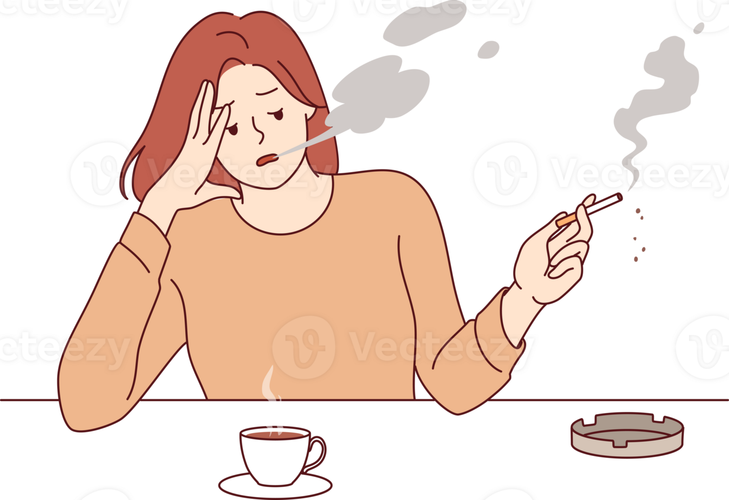 Woman smokes cigarette and drinks hot coffee from cup, sitting at table taking break after difficult work. Stressed girl suffering from tobacco addiction and habit of caffeine for energy. png