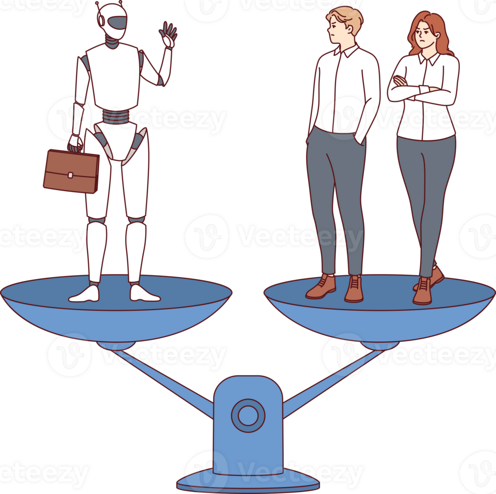 Modern robot and office workers stand on different scales, for concept of choosing between humans and AI. Humanoid robot replaces two managers thanks to machine learning and neural networks png