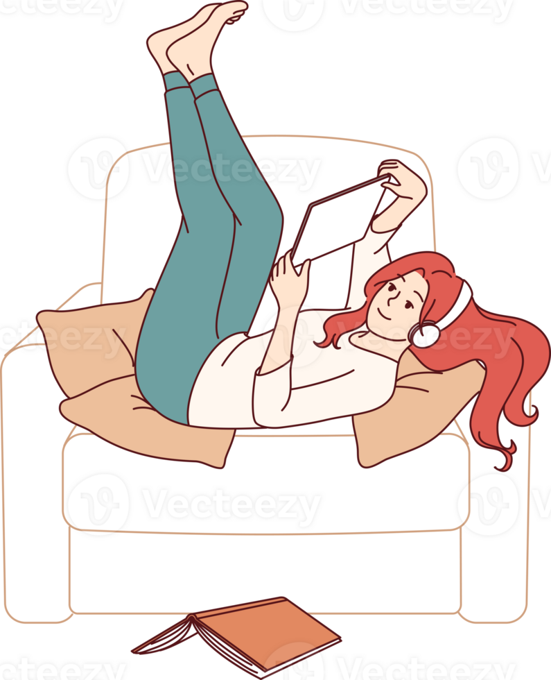 Lazy girl student listens to music lying in chair, distracted from reading textbook to prepare for exams. Lazy young woman enjoying using gadgets, doing idleness after hard day at work. png