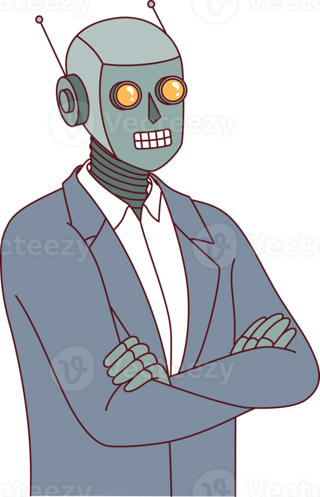 Humanoid robot in business suit stands with arms crossed, demonstrating confidence in superiority of artificial intelligence. Robot boss created thanks to modern technologies and use of AI png