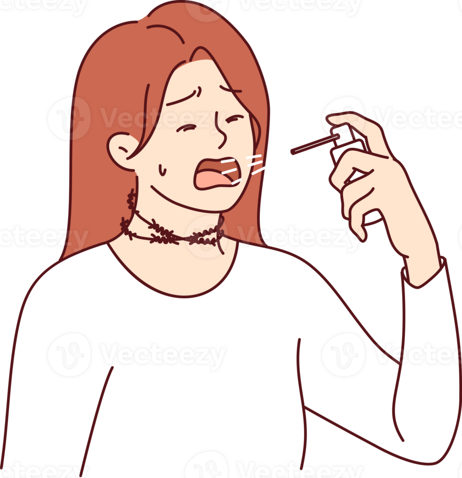 Cough spray is used by woman to cure infection and kill viruses in mouth after contracting flu. Girl with barbed wire around neck is sick with flu caused by outbreak of dangerous pandemic or epidemic. png