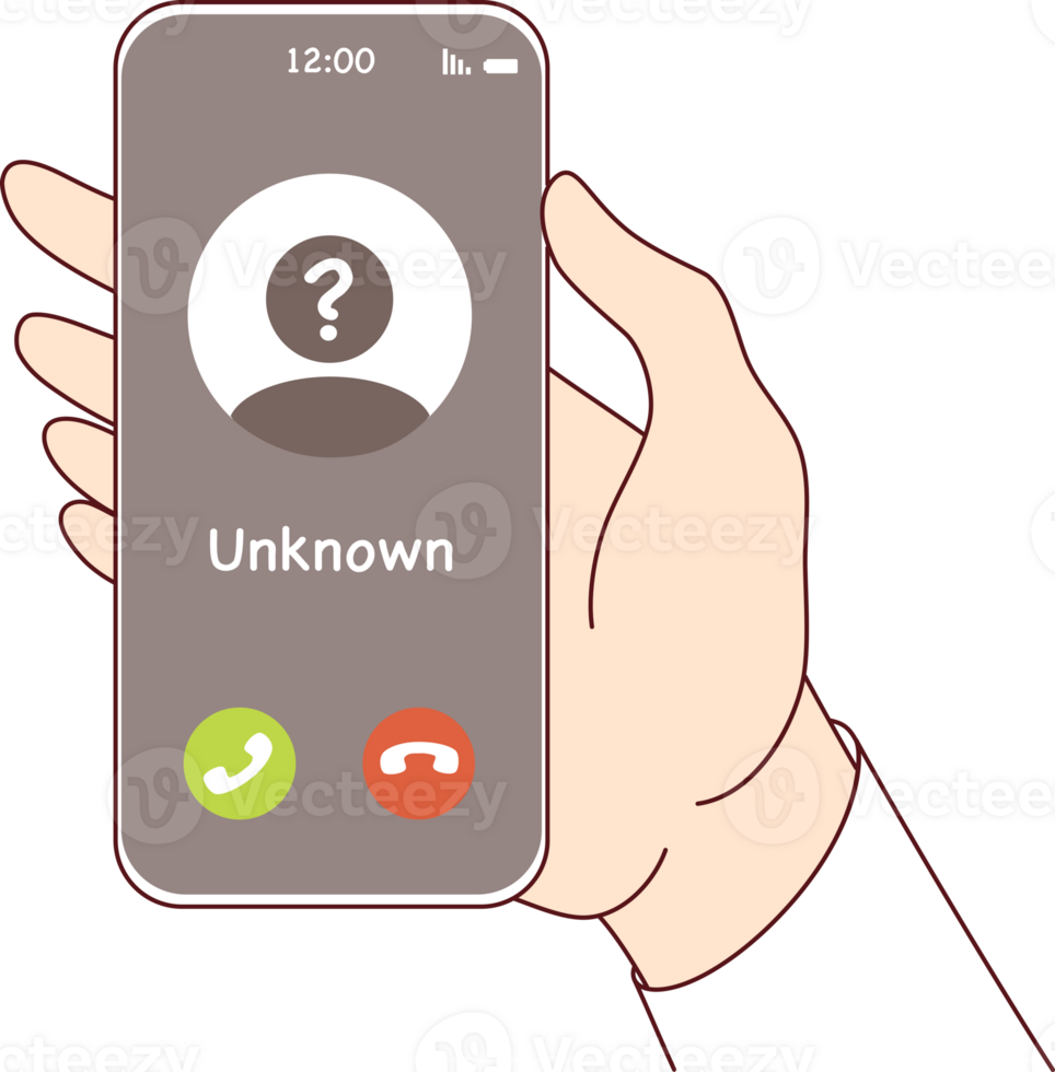 Call from unknown caller on phone screen in person hand, for spam or unsolicited advertising concept. Call from unknown scammer who wants to help with money or deceive victim through smartphone png