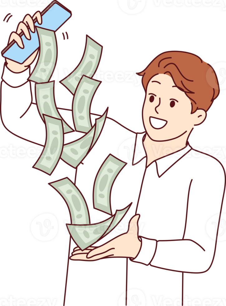 Business man earns money through mobile phone, and receives cash bills pouring out of smartphone screen. Guy makes money from e-commerce and completing simple tasks in internet application png