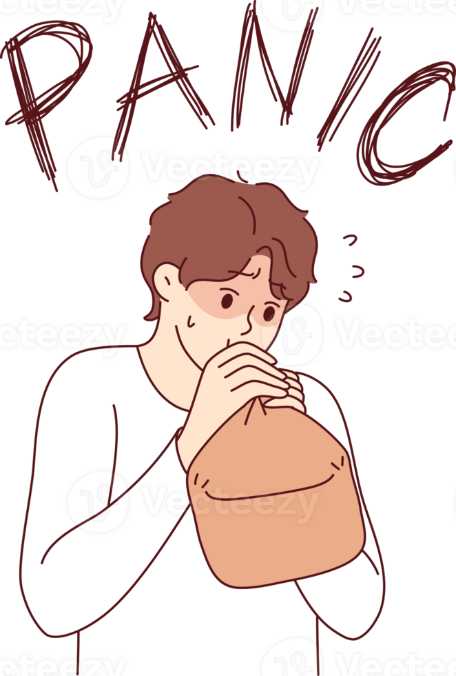 Panic attack in man breathing into paper bag to overcome fear and restore calm. Problem of panic attack for guy who needs sedative and antidepressants to relieve stress and depression png