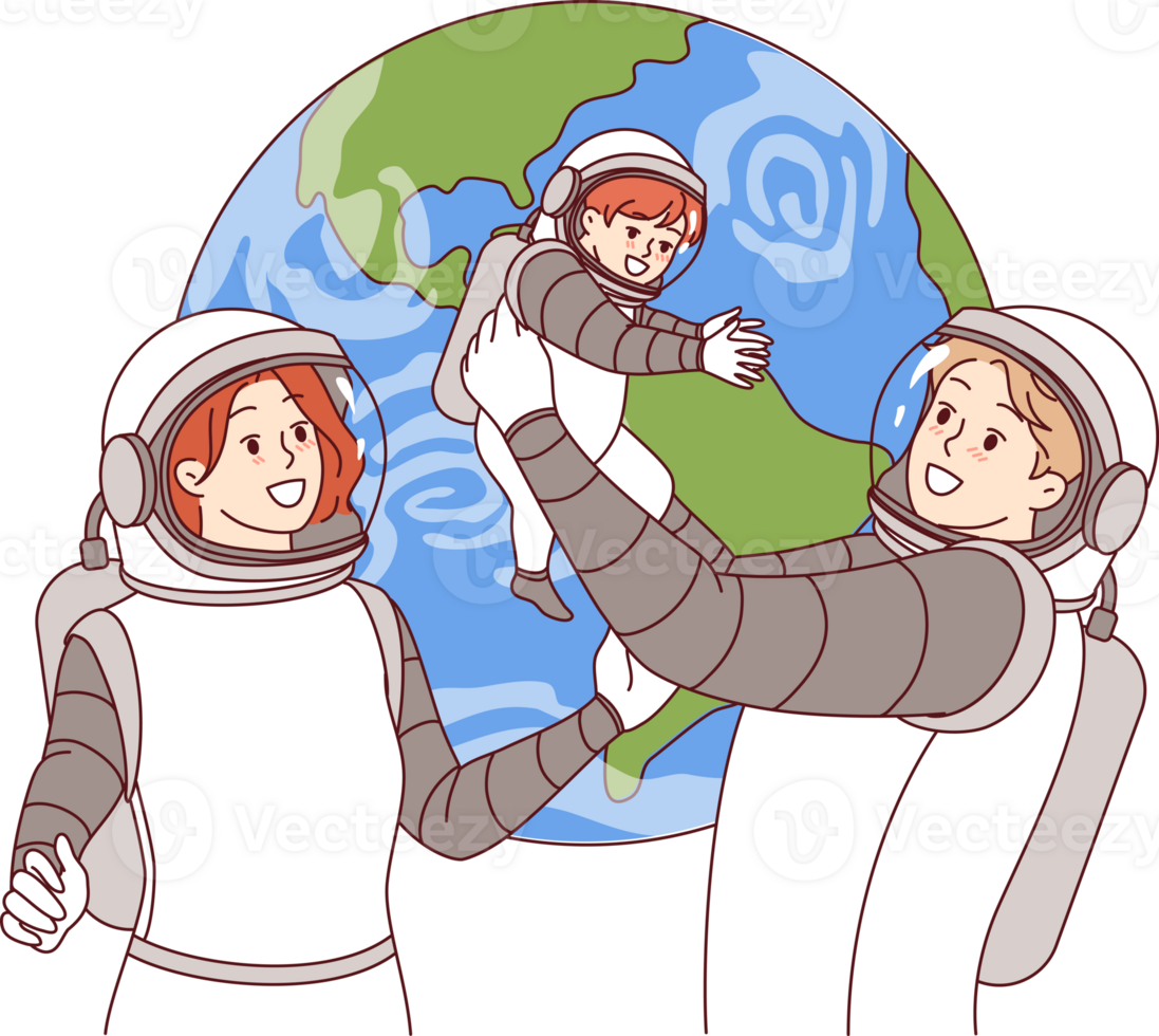Family of astronauts makes space trip with baby, wearing spacesuits to obtain oxygen in zero gravity. Family of astronauts traveling on spaceship on scientific mission went into outer cosmos png
