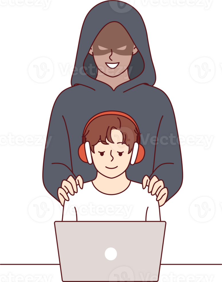 Cybercriminal stands behind little boy using laptop, for concept danger of pedophilia on internet. Cybercriminal creates risk for children visiting social networks and communicating on online forums png