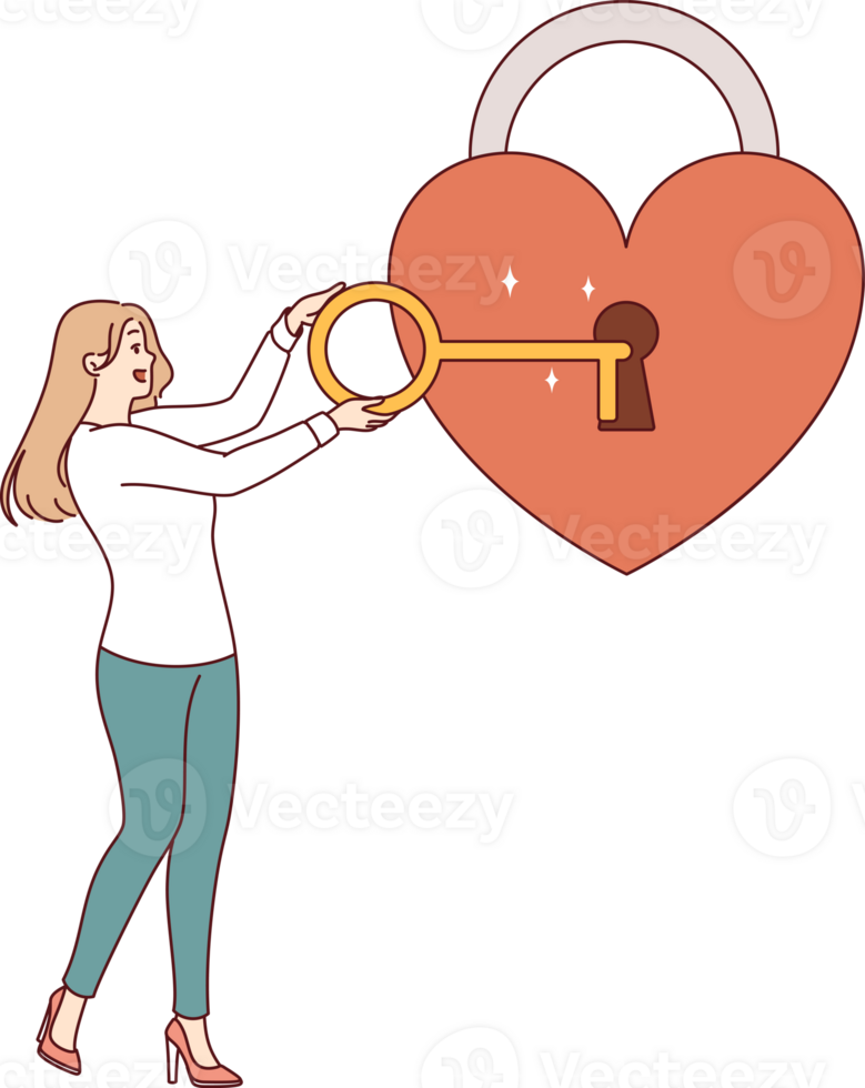 Woman opens padlock-shaped heart with key, symbolizing kindness and empathy or love. Concept of girl having kind heart and romantic mood, i am ready to open my soul to other people png