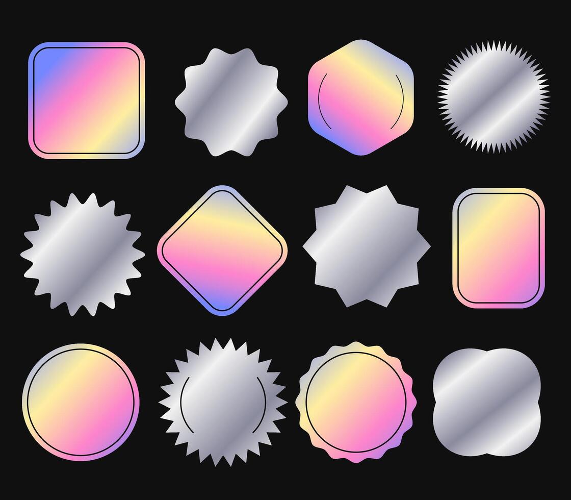 Set of holographic labels. Silver Hologram stickers of different shapes with text stamps. Original product, guarantee and premium quality. illustration. vector