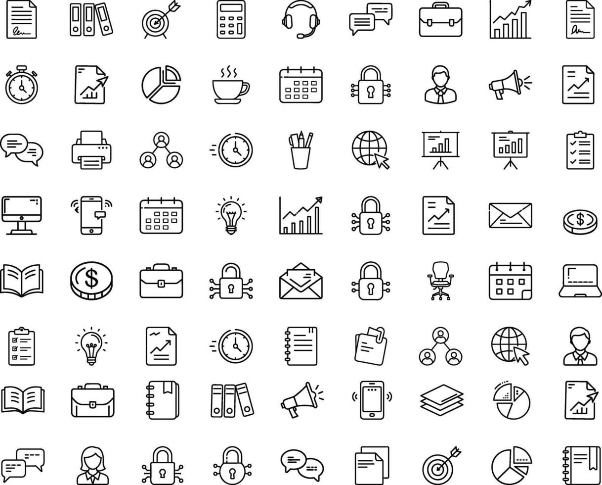 Modern Editable Thin Line Style Icons Set Of Office Work Supplies, Gadgets, Folders, Documents And Graphics Pictograms And Infographics For Mobile Apps vector
