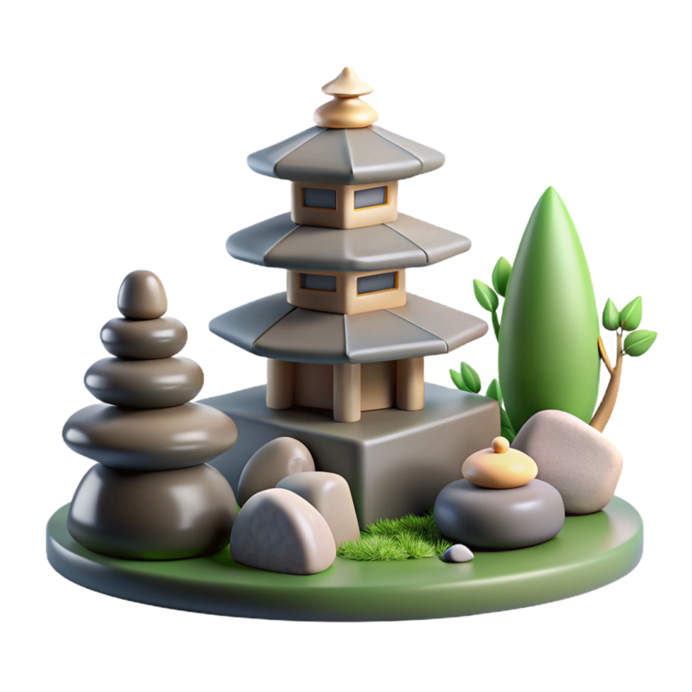 vibrant artistic 3D Render Pagoda Zen Garden Illustration high resolution png